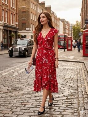 Max Studio Red Floral Ruffle Midi Dress with V-Neck